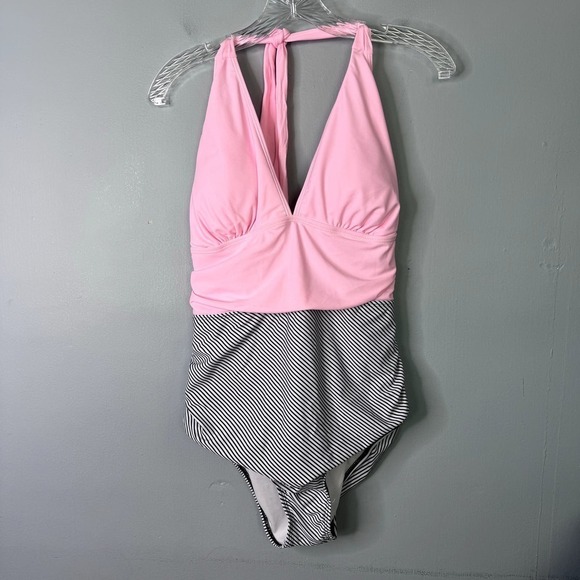Pink Black and White Striped Ruched Plunge Halter Tie Swimsuit Women's Size L - Picture 9 of 12